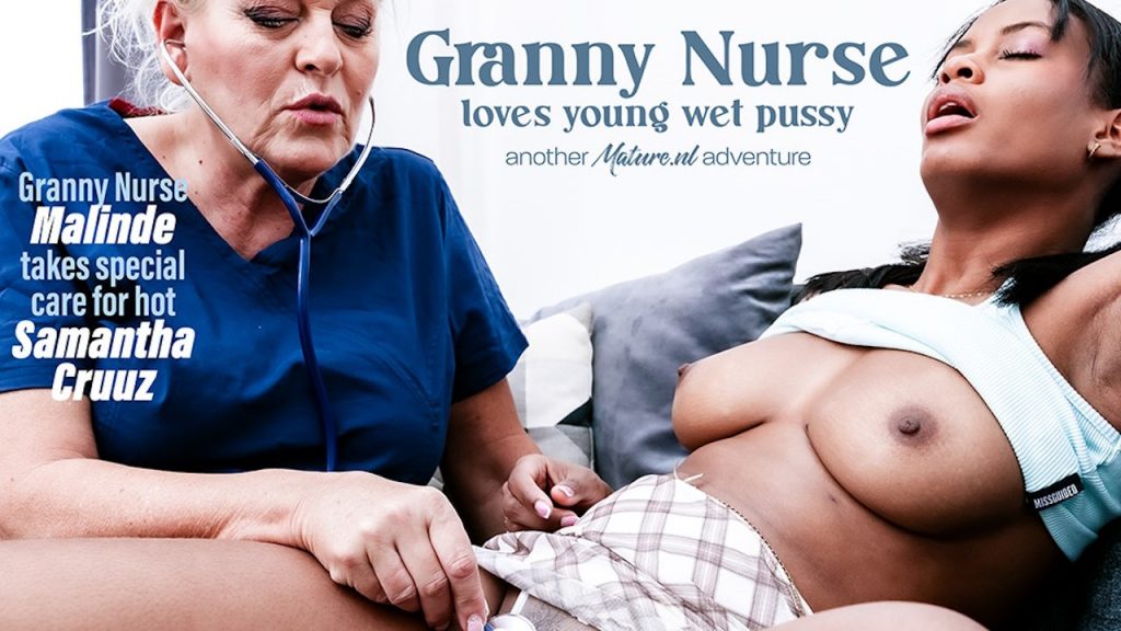 MatureNL - Granny Nurse Malinde does a pussylicking check up on hot black young babe Samantha Cruuz - Full Video Porn